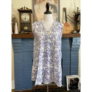 Roller Rabbit S Cotton Palm Elephant Boho Tunic Pintuck Button Tank Ruffle